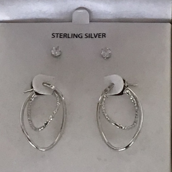 BRILLIANCE STERLING SILVER HOOPS AND CUBIC ZIRCONIA STUDS NWT - Picture 2 of 11